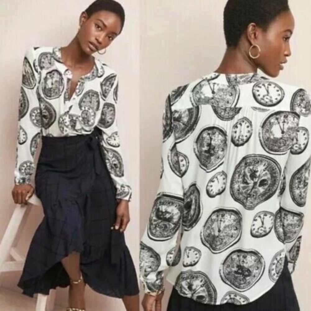 NWT Anthropologie 52 Conversations Colloquial Clock Shirt Top Blouse sz 2 $78